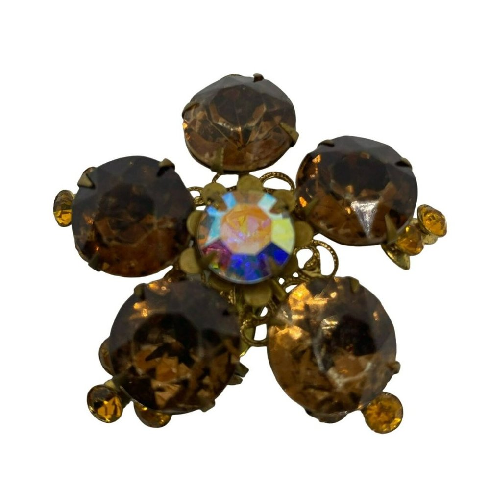 Vintage Mid Century AB Orange and Yellow Rhinestone Flower Shaped Brooch